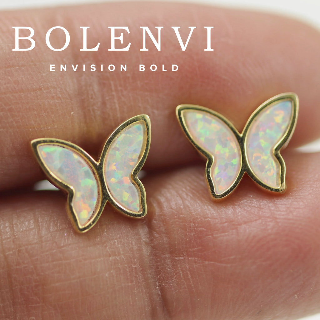 Iridescent Gold Opal Butterfly Stud Earrings - Bolenvi Pandora Disney Chamilia Cartier Tiffany Charm Bead Bracelet Jewelry 