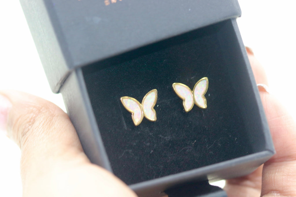 Iridescent Gold Opal Butterfly Stud Earrings - Bolenvi Pandora Disney Chamilia Cartier Tiffany Charm Bead Bracelet Jewelry 