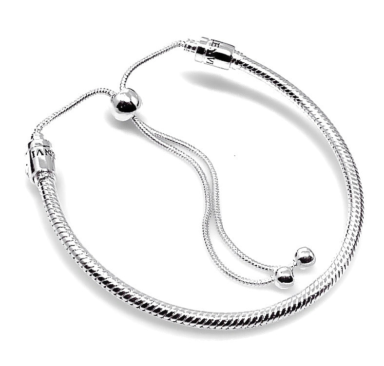 Adjustable 3mm Lobster Clasp Snake Chain Sterling Silver Bead Charm Bracelet